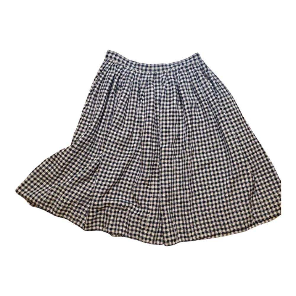 Vintage High Waist Plaid Check Skirt Waist 16 Black White Wool Linen Academia